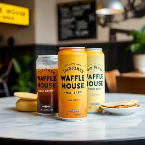 Cans of Waffle House Classic Blend Cold Brew displayed on a café table