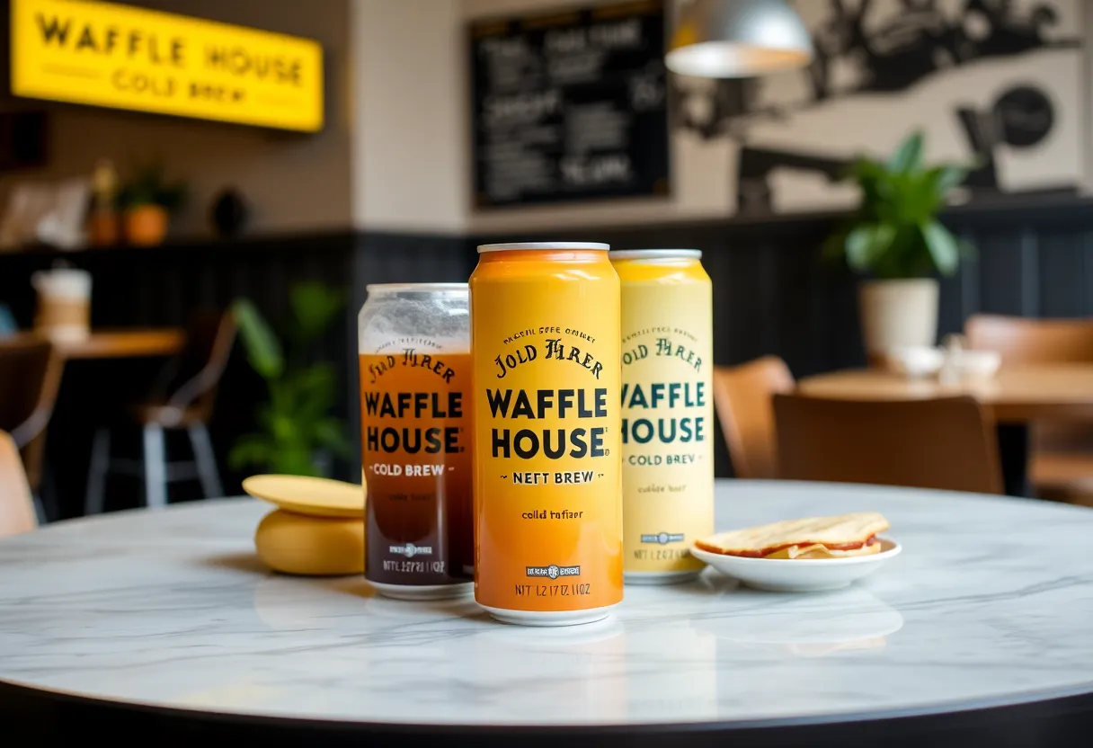 Cans of Waffle House Classic Blend Cold Brew displayed on a café table