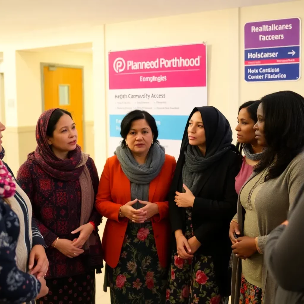 Diverse women in a community discussing reproductive healthcare issues.