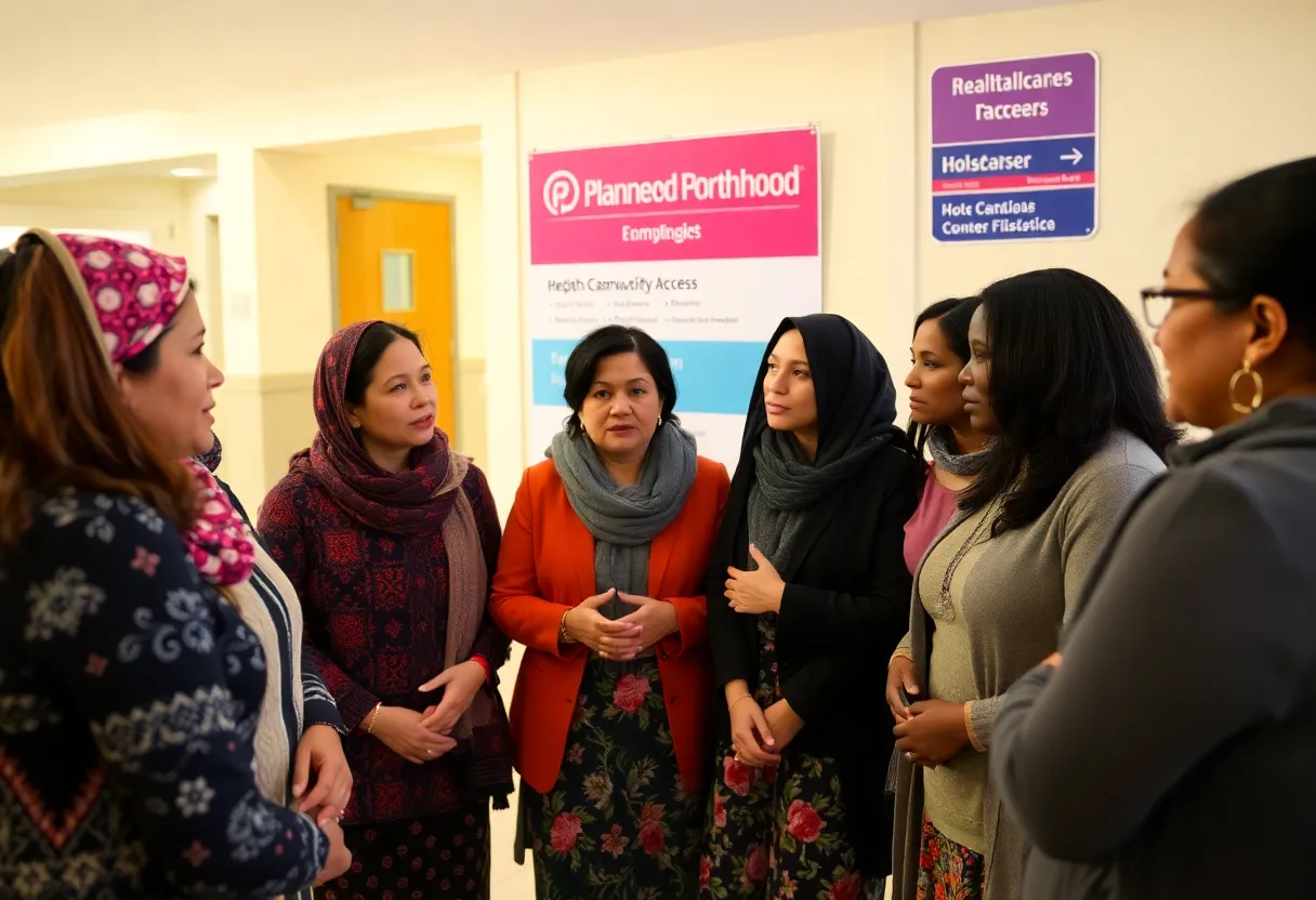 Diverse women in a community discussing reproductive healthcare issues.
