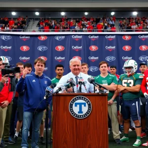 Press conference at Alabama football media day featuring coaches and players