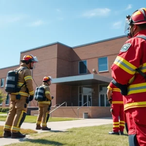 Firefighters investigating a university building following a chemical odor incident