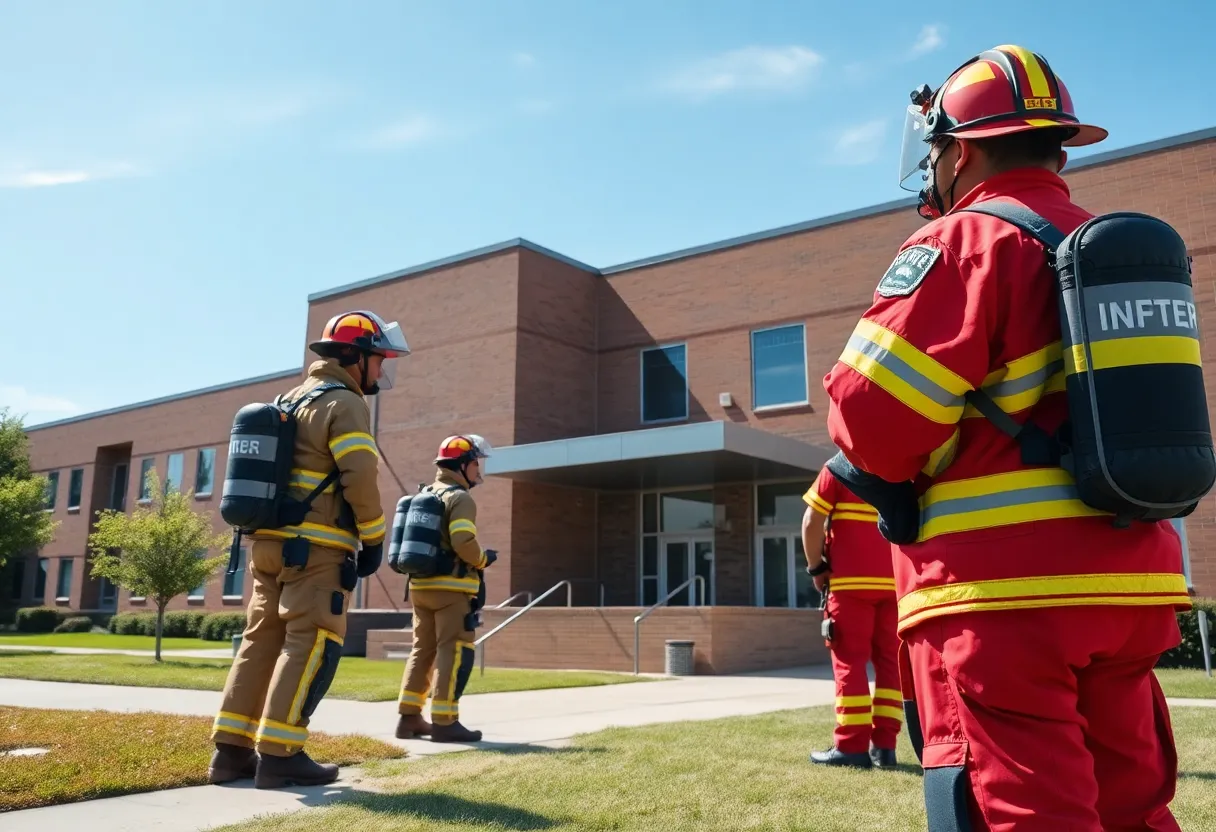 Firefighters investigating a university building following a chemical odor incident