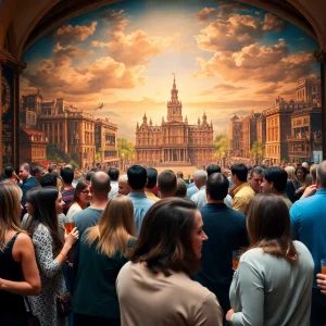 Participants enjoying the History on the Rocks event at the Atlanta History Center with a cyclorama painting in view.