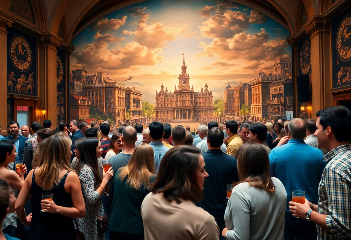 Participants enjoying the History on the Rocks event at the Atlanta History Center with a cyclorama painting in view.