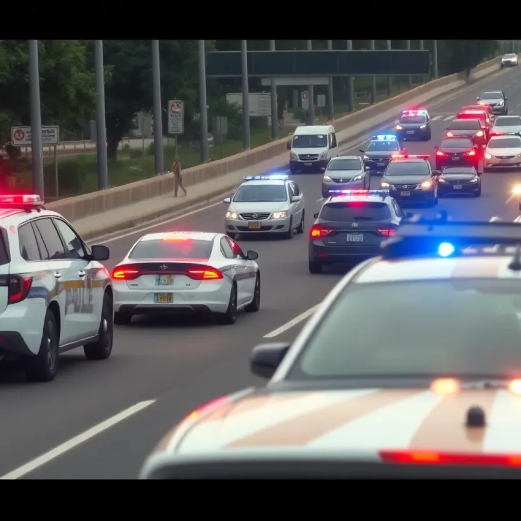 Police vehicles on an urban highway responding to an incident