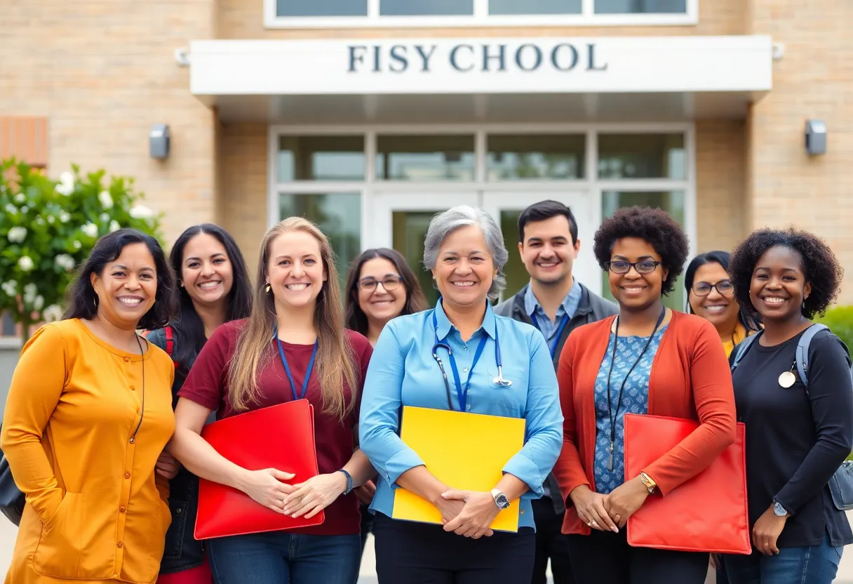 Diverse school staff in front of Atlanta Public Schools