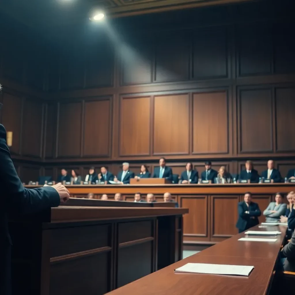 Courtroom scene during the trial of a rapper