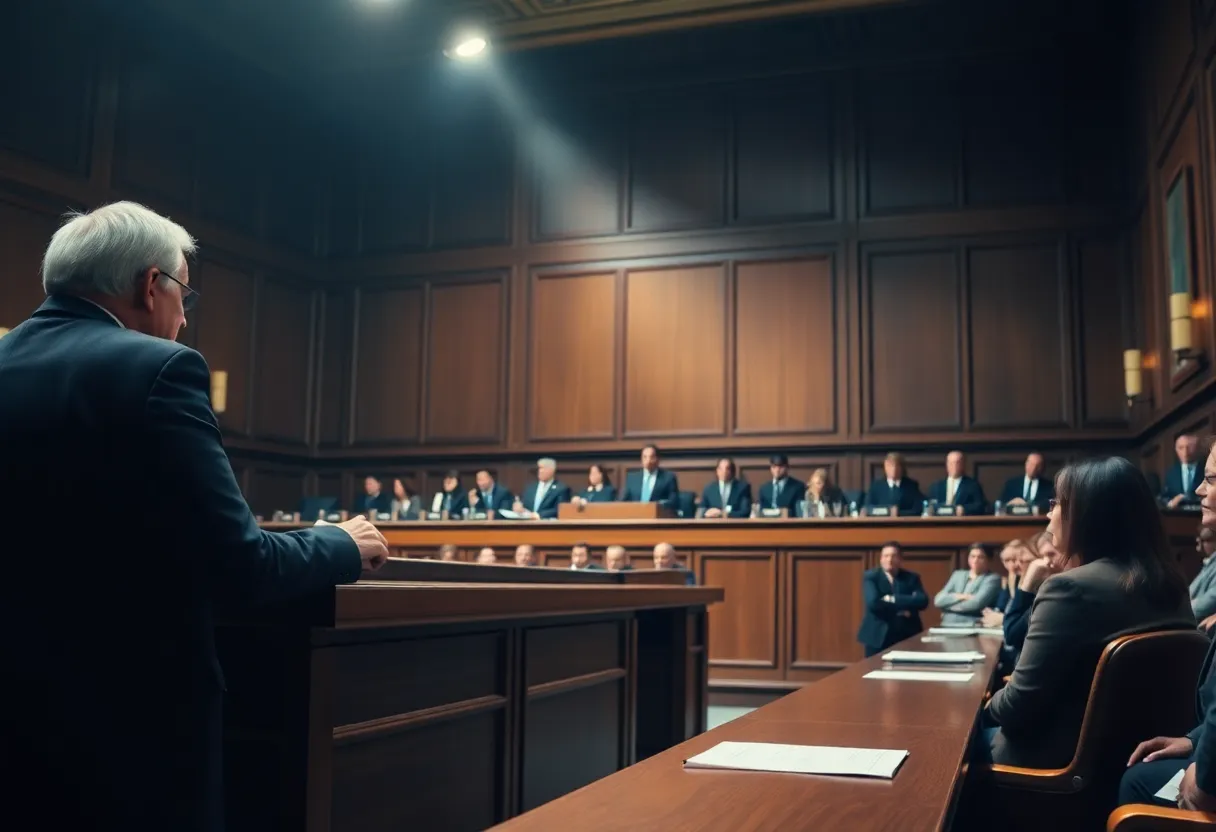 Courtroom scene during the trial of a rapper