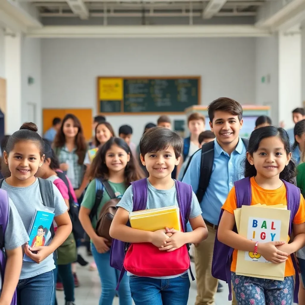 Students and teachers preparing for the new school year in a vibrant school environment