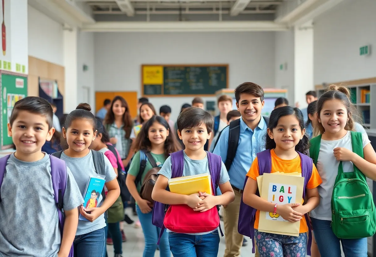 Students and teachers preparing for the new school year in a vibrant school environment