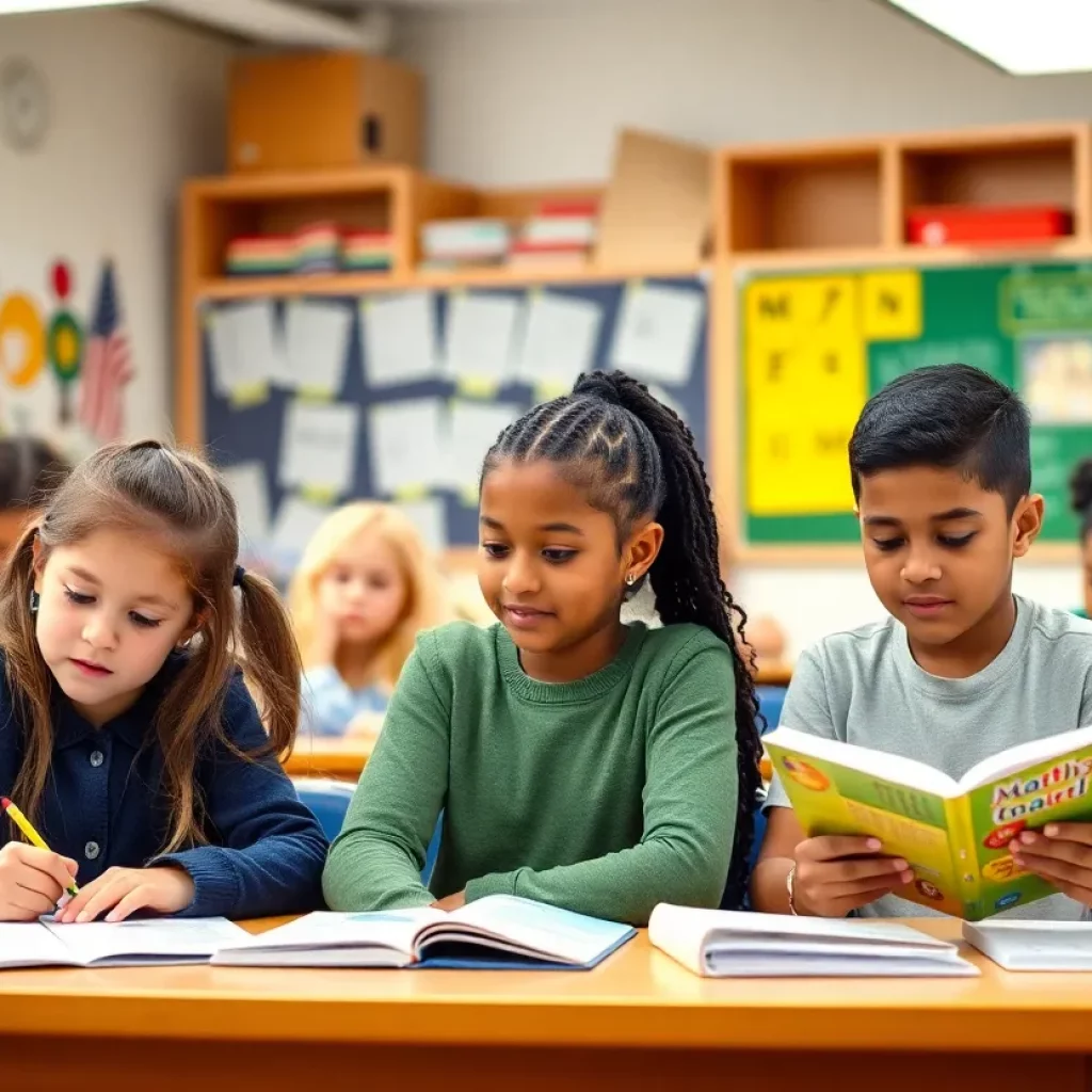Students participating in an engaging learning environment focused on math and literacy.