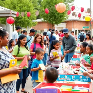 Families at a community fair participating in back-to-school activities.