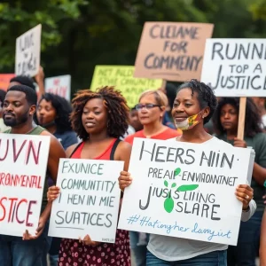 Residents of Conyers gather for a protest demanding environmental justice after a chemical fire.