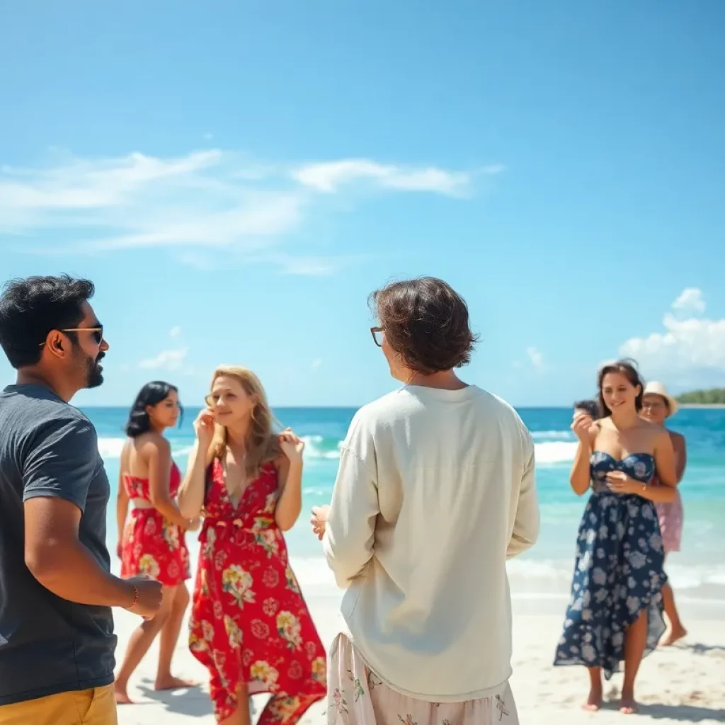 Couples enjoying a sunny day at the beach in paradise