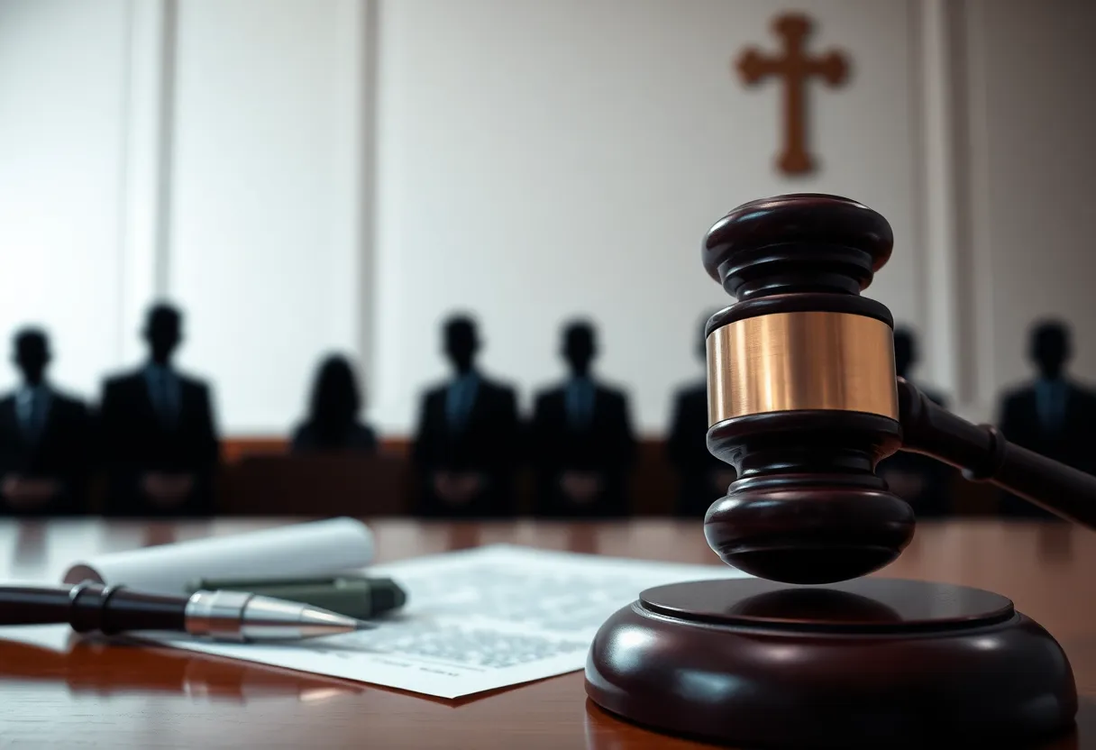 Courtroom scene depicting legal verdict