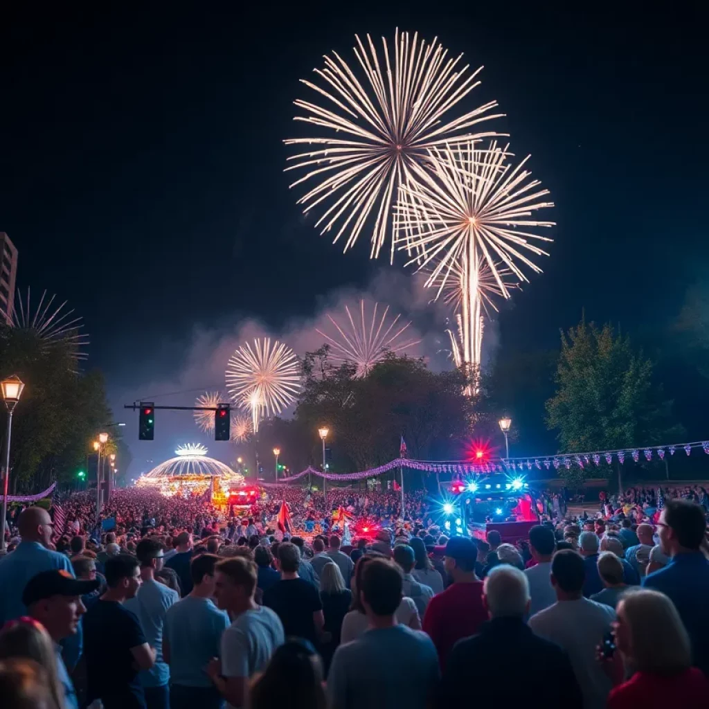 Fireworks display over a festive crowd celebrating Fourth of July in Atlanta.