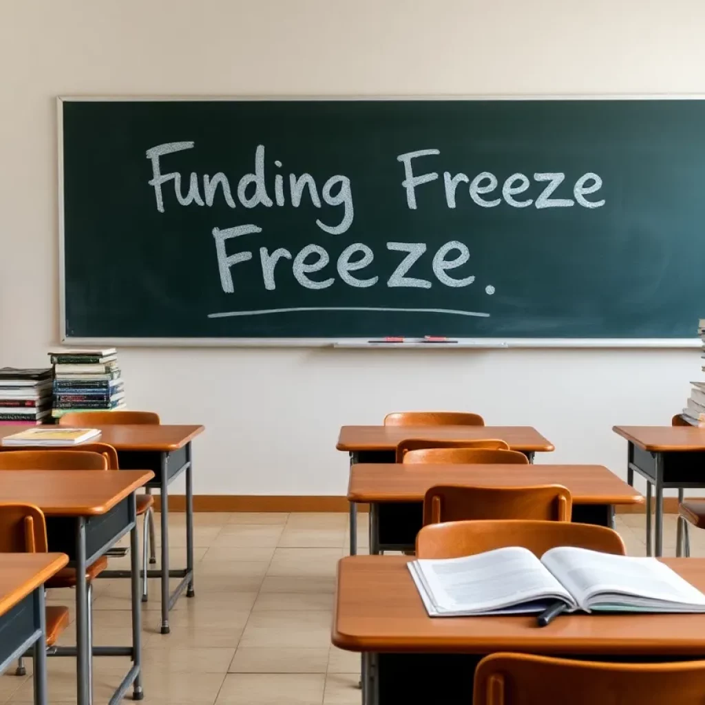 Classroom showcasing empty desks symbolizing a funding freeze