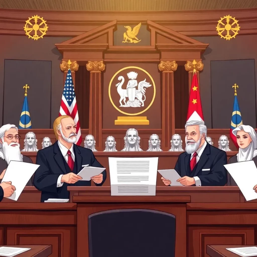 Courtroom illustration related to election certification in Georgia.