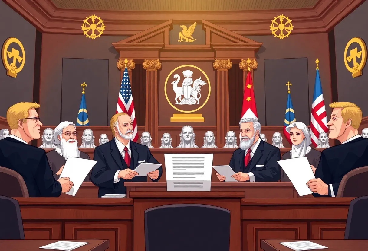 Courtroom illustration related to election certification in Georgia.