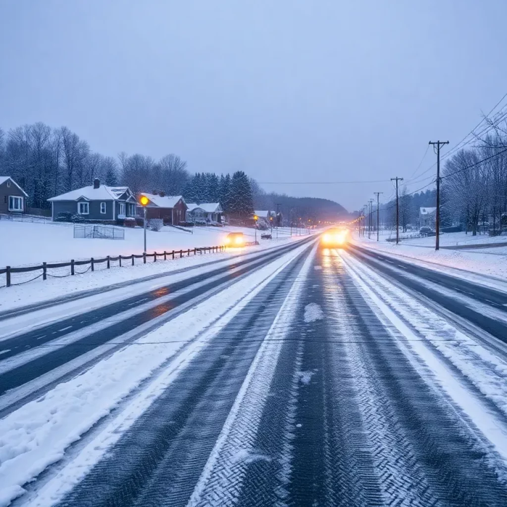 Snow-covered road in Georgia during winter storm