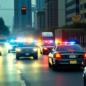 A high-speed chase scene with police vehicles and a stolen truck on a city street