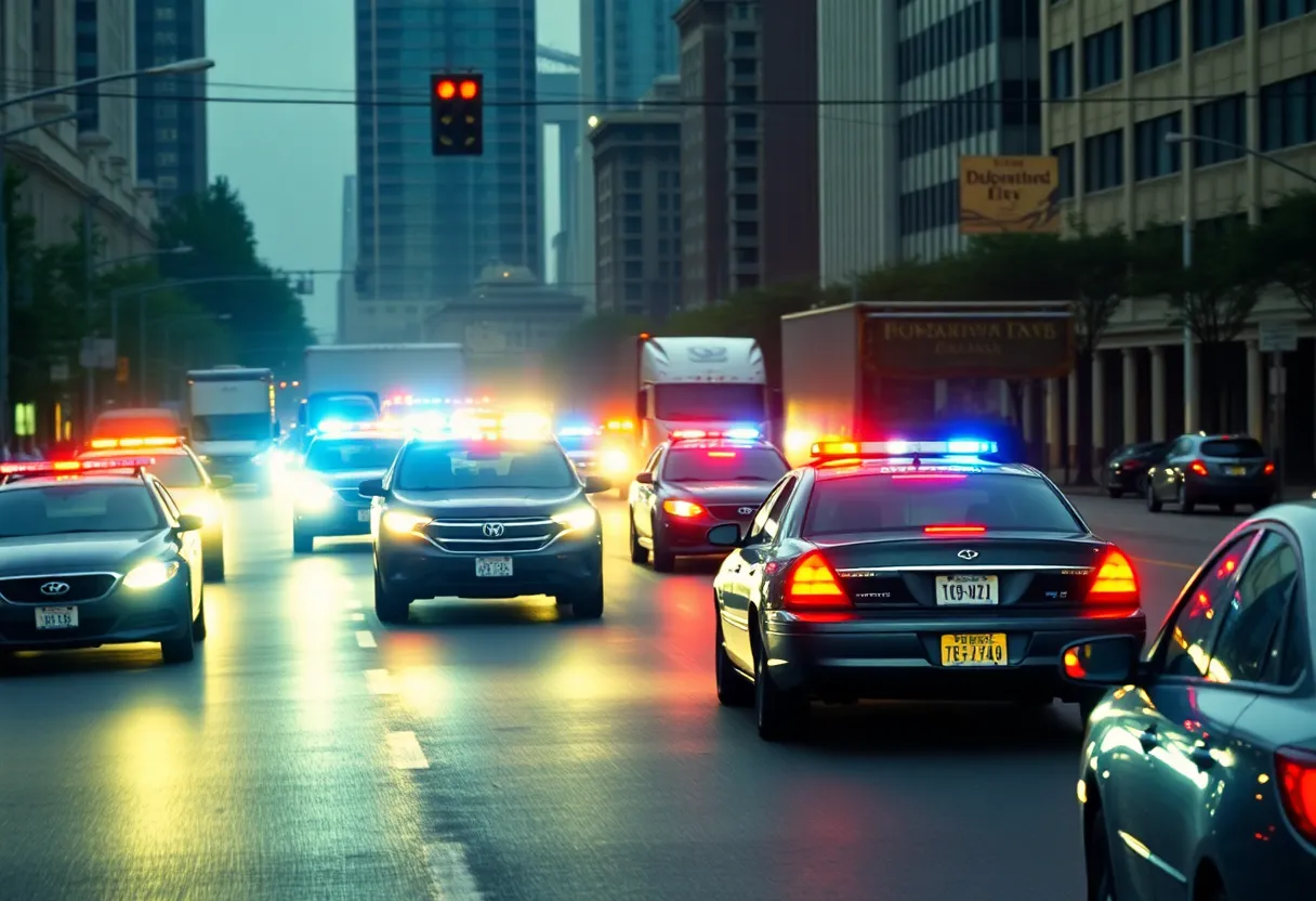 A high-speed chase scene with police vehicles and a stolen truck on a city street