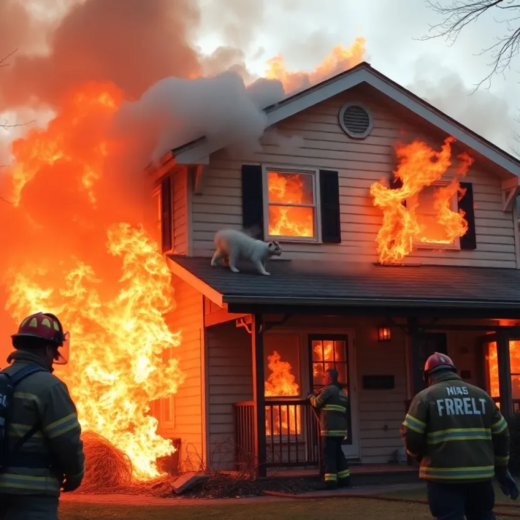 Firefighters responding to a house fire in Atlanta, rescuing a cat.
