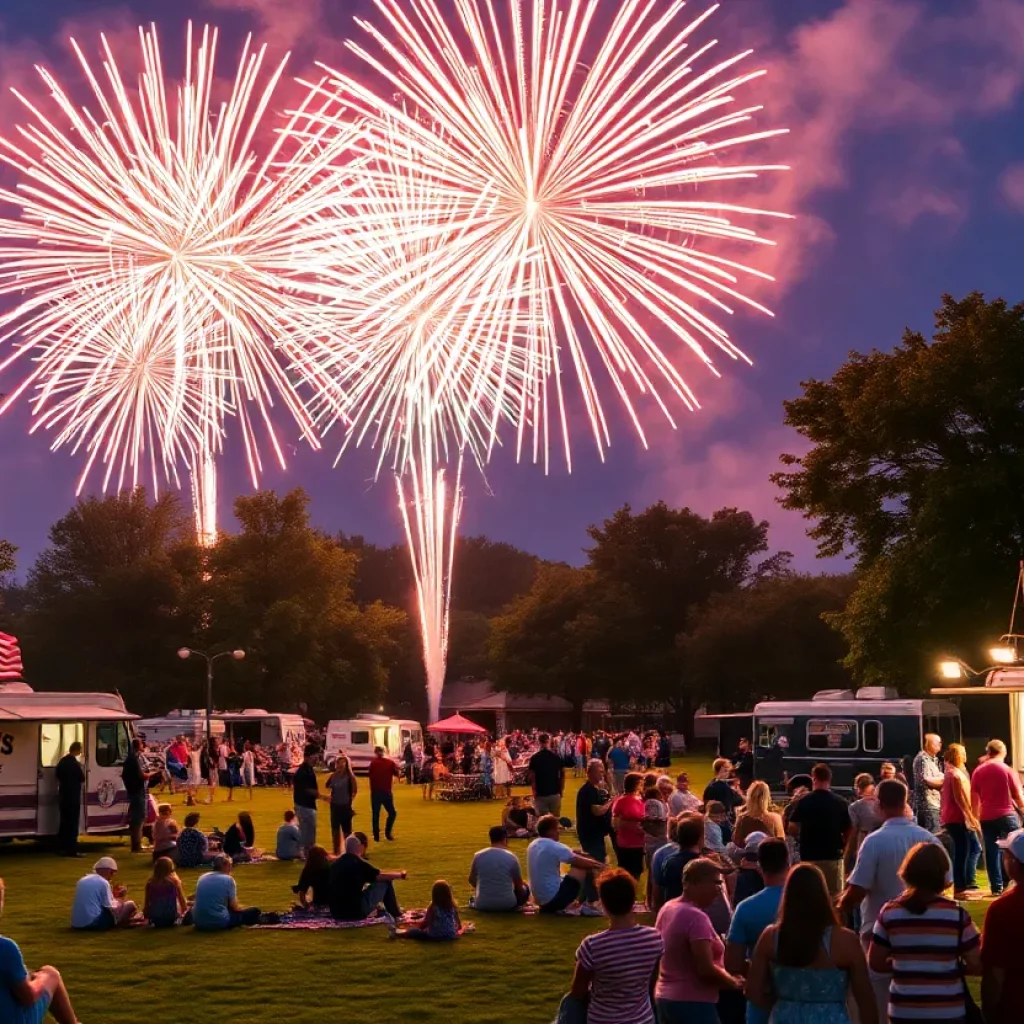 Fireworks over a community park during Independence Day celebration in Georgia