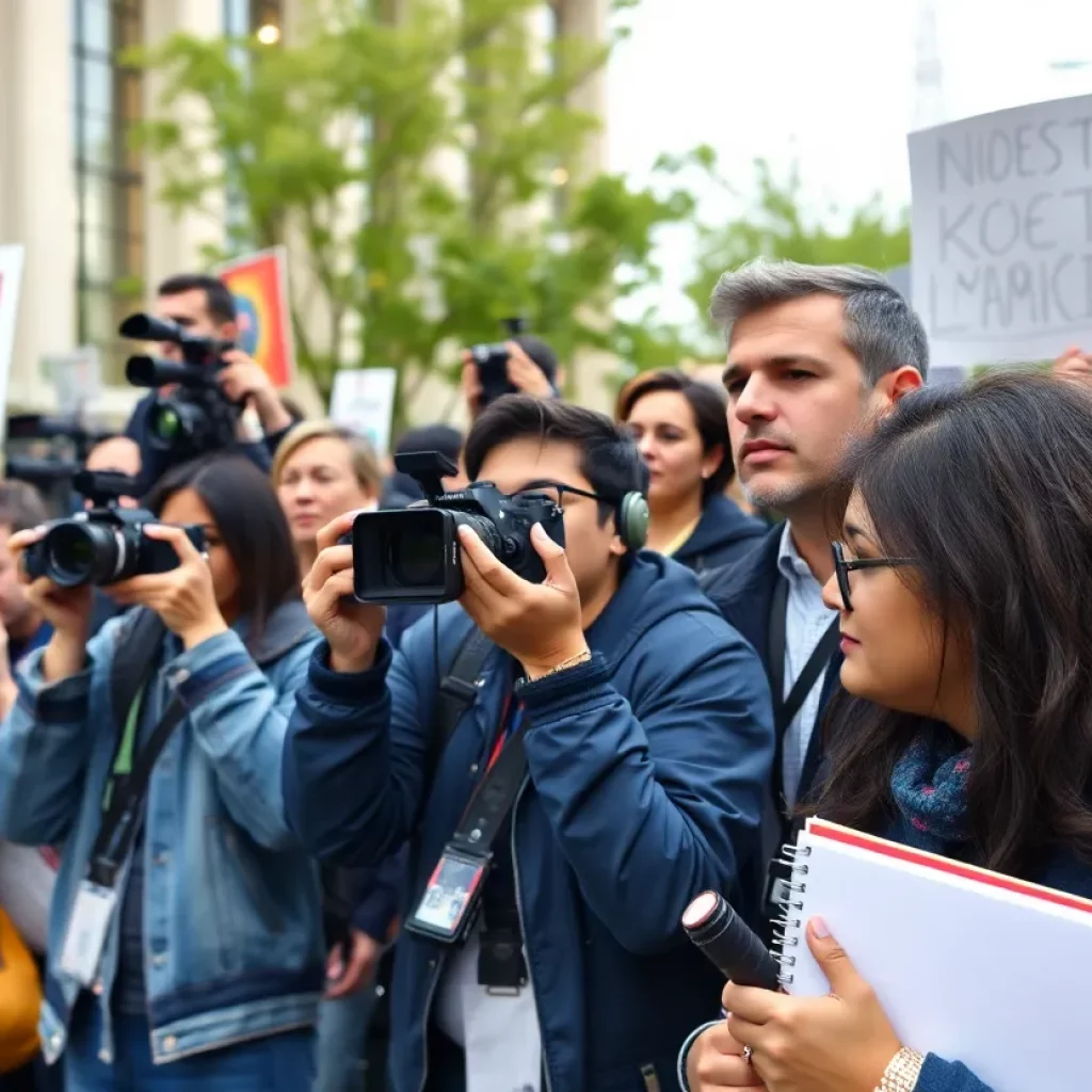 A group of journalists covering an immigration protest.