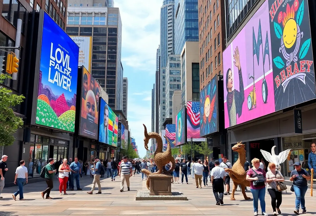 Billboards displaying local artworks in downtown Atlanta.