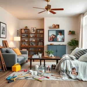 Interior view of a renovated home showcasing family photos and renovation tools