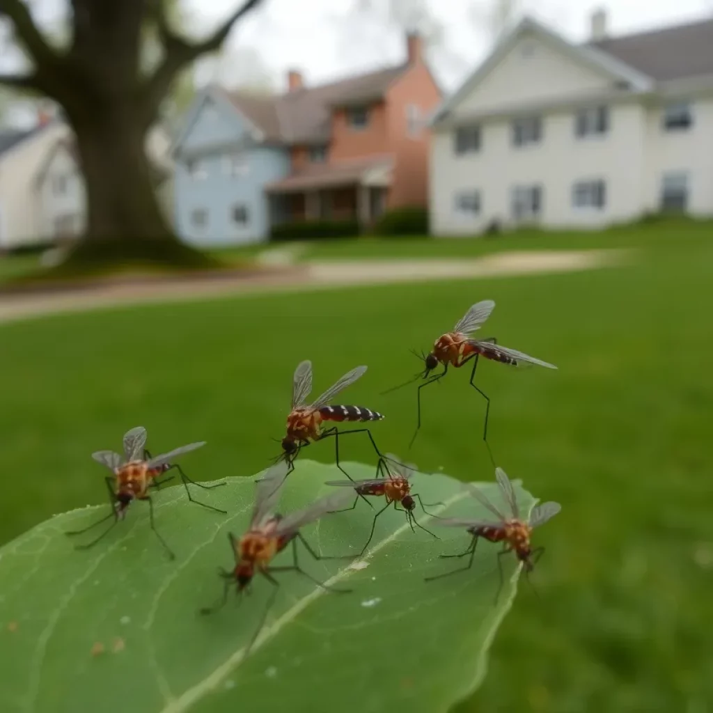 Close-up image of mosquitoes on a leaf.