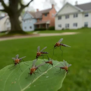 Close-up image of mosquitoes on a leaf.