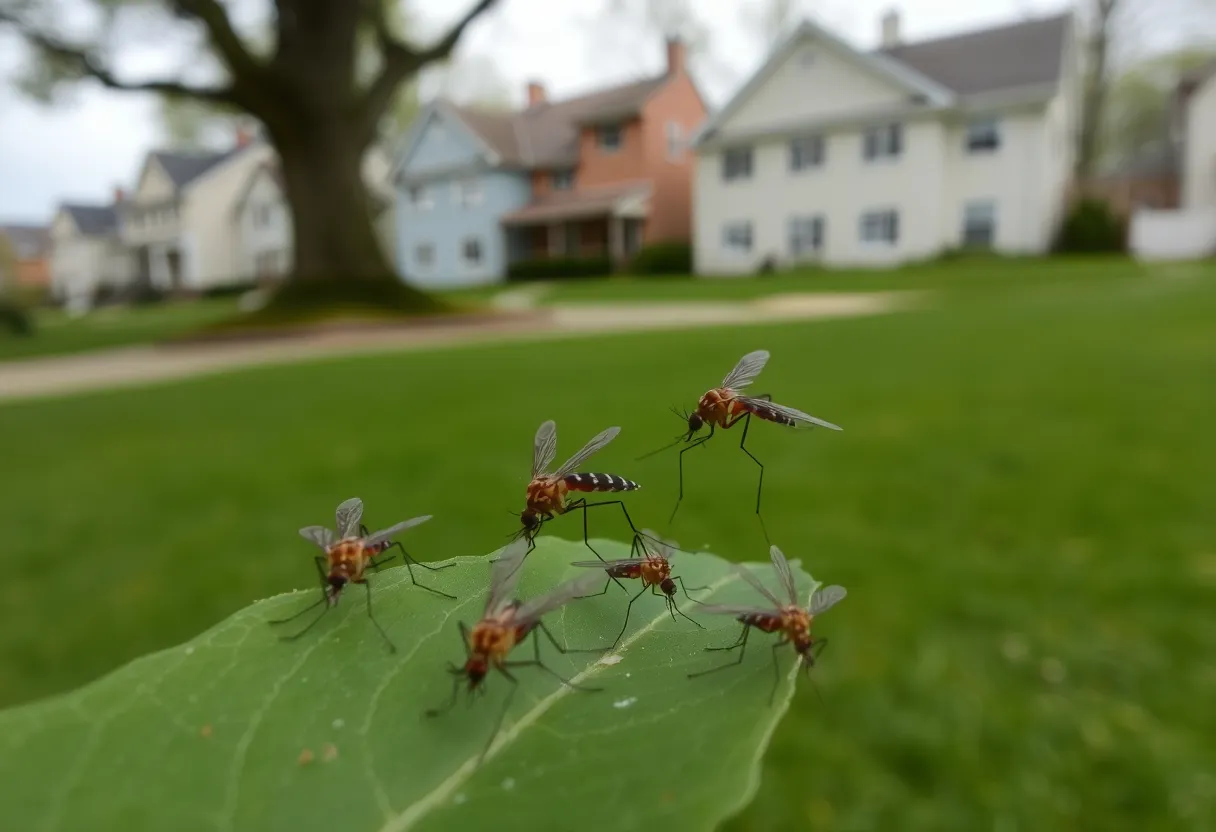 Close-up image of mosquitoes on a leaf.