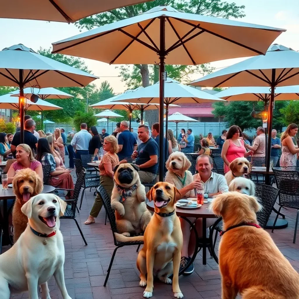 Dogs and their owners enjoying a summer evening on a patio.