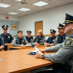 Police recruits engaged in training at a police academy