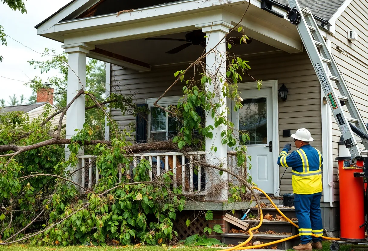 Emergency workers restoring power after tree collapse