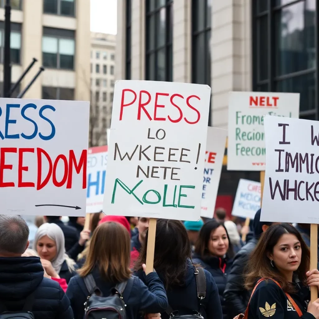 Group of protesters advocating for press freedom and immigrant rights.