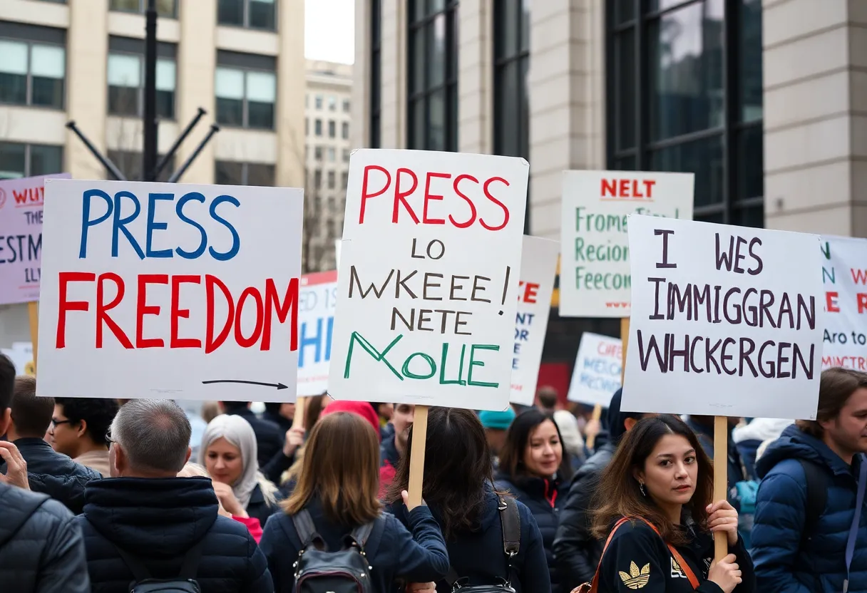 Group of protesters advocating for press freedom and immigrant rights.