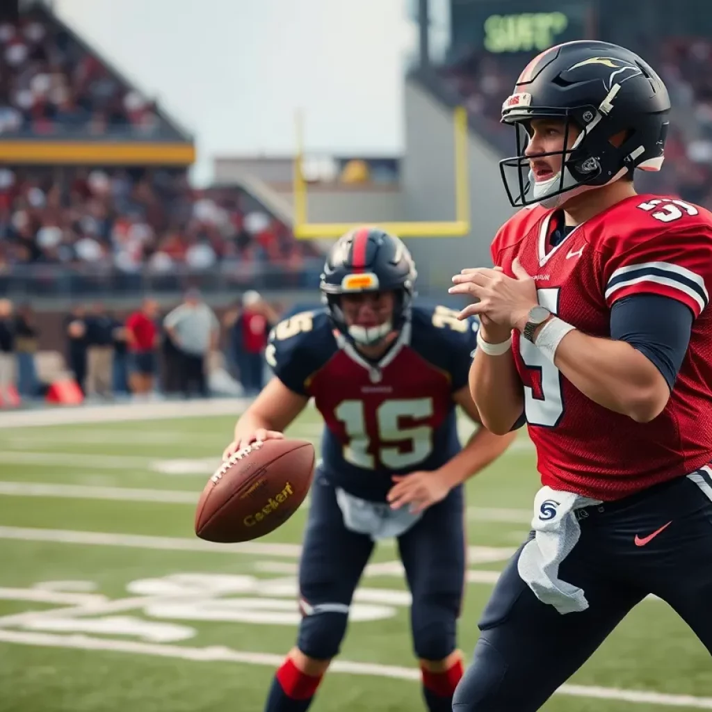 Two quarterbacks practicing on a football field with a crowd