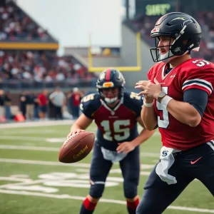 Two quarterbacks practicing on a football field with a crowd