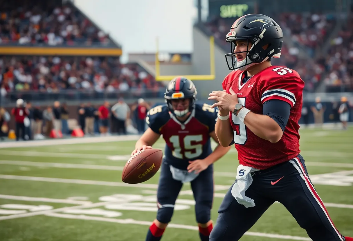 Two quarterbacks practicing on a football field with a crowd