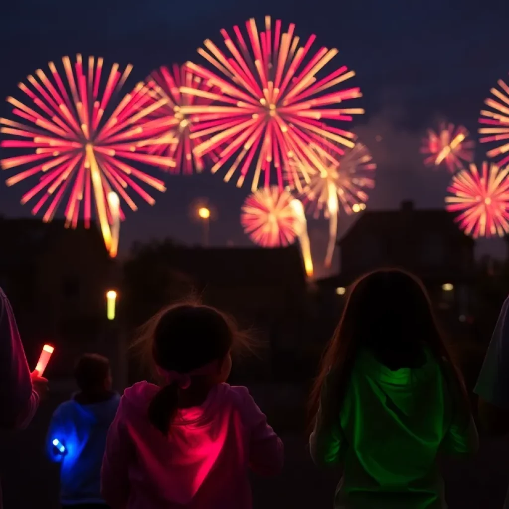 Families celebrating with glow sticks instead of fireworks