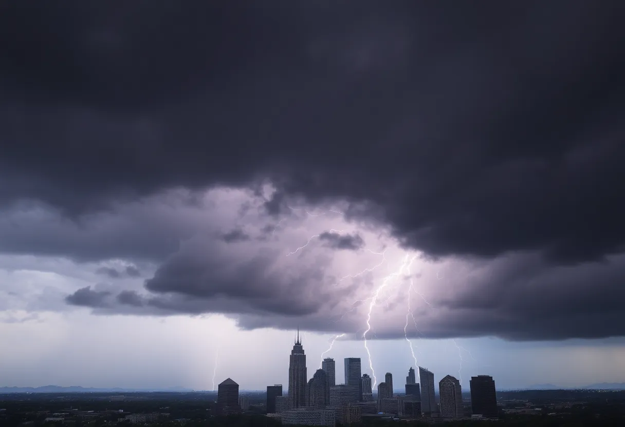 Dark storm clouds with lightning over Atlanta skyline