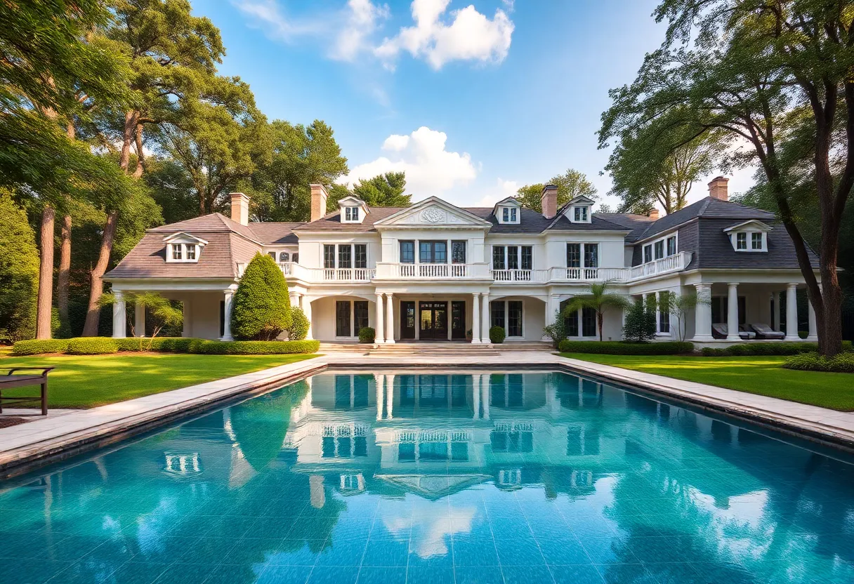 Exterior view of a luxurious mansion with a pool and landscape