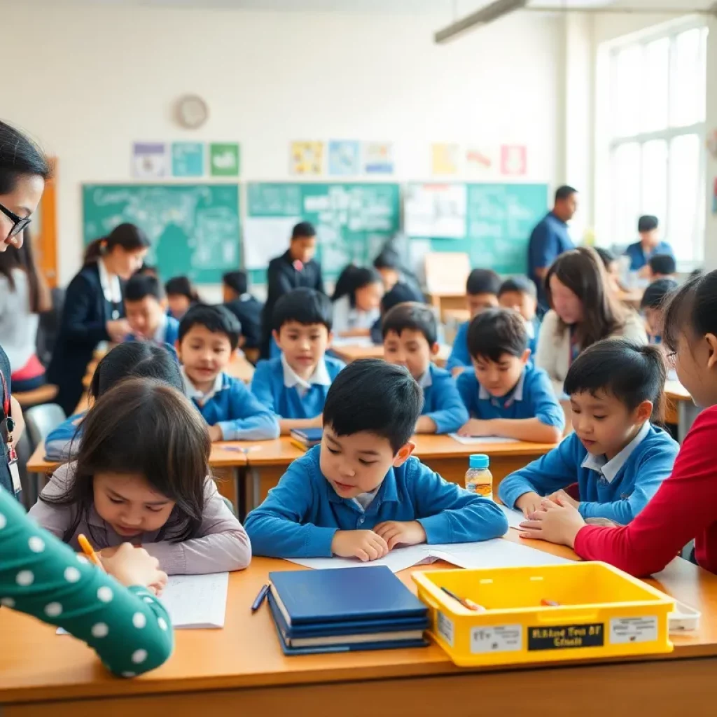 Students interacting with teachers in a dynamic classroom setting