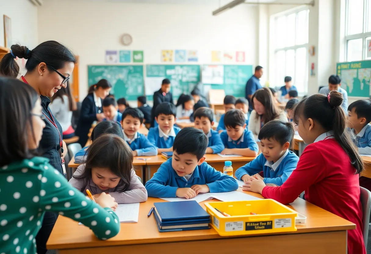 Students interacting with teachers in a dynamic classroom setting