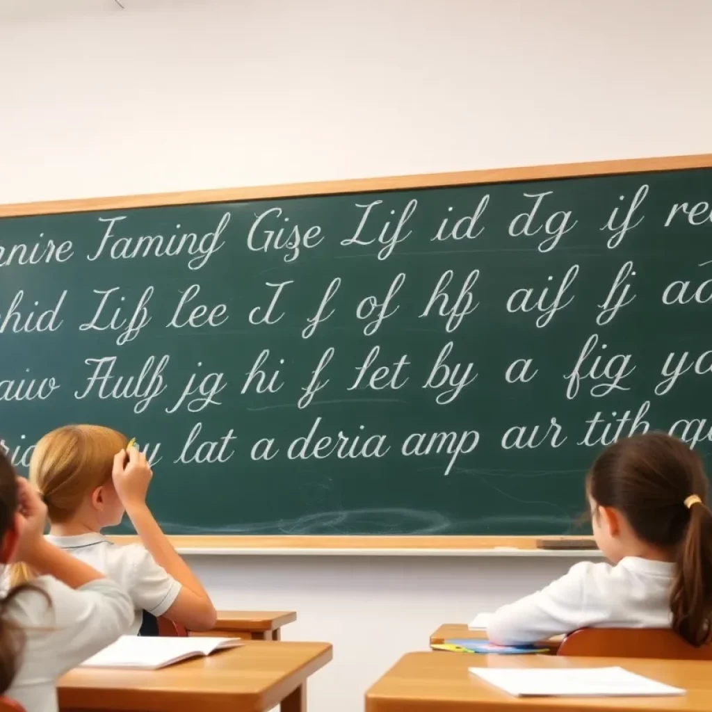 Students in a classroom practicing cursive handwriting