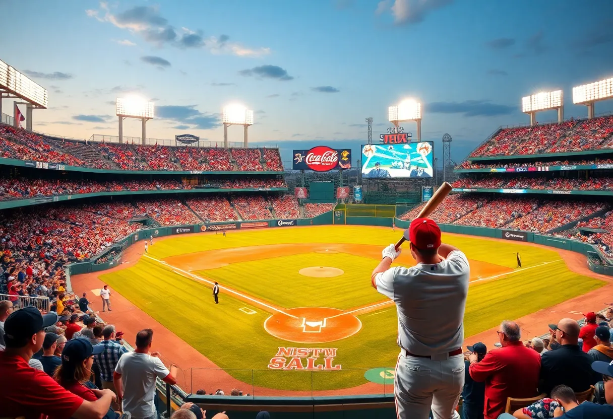 Baseball stadium filled with fans during a home run derby event.